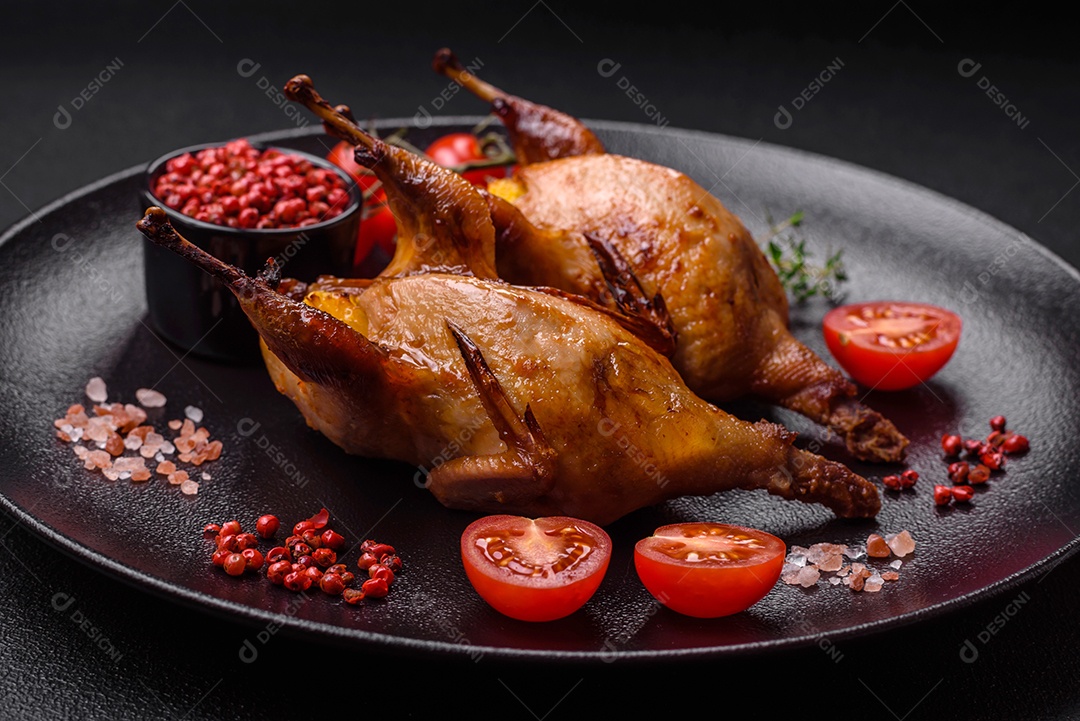 Codorna assada, perdiz ou pombo recheado com laranja com especiarias e ervas sobre fundo escuro de concreto