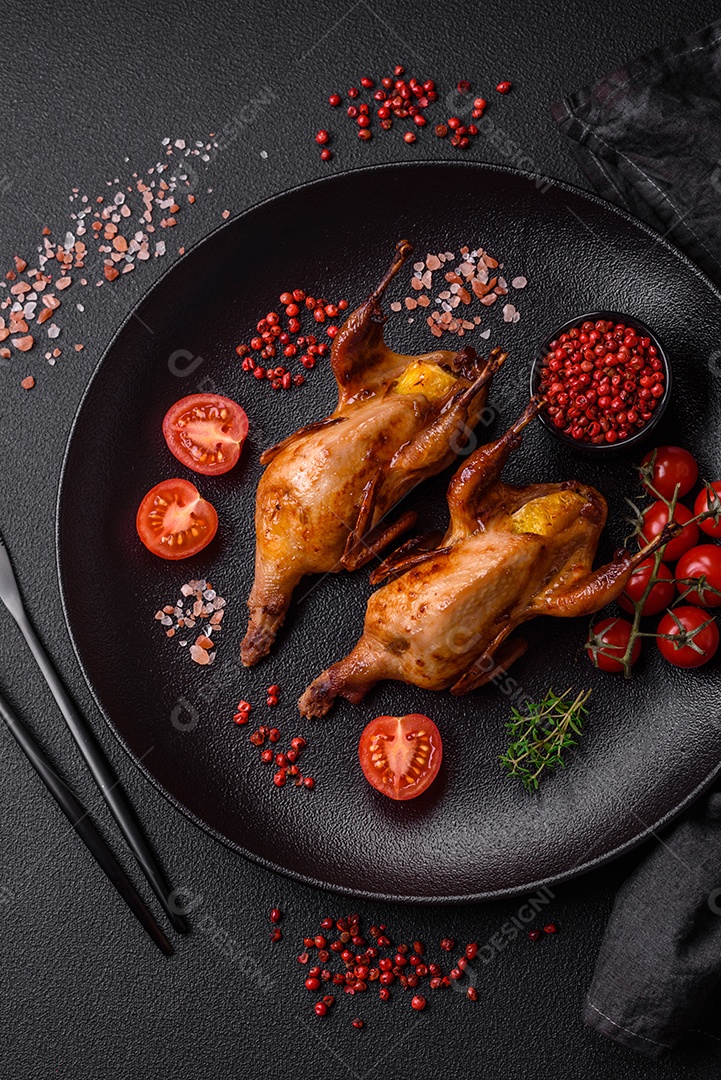 Codorna assada, perdiz ou pombo recheado com laranja com especiarias e ervas sobre fundo escuro de concreto