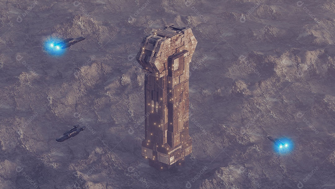 Paisagem de ficção científica com construção em forma de torre base de exploração espacial