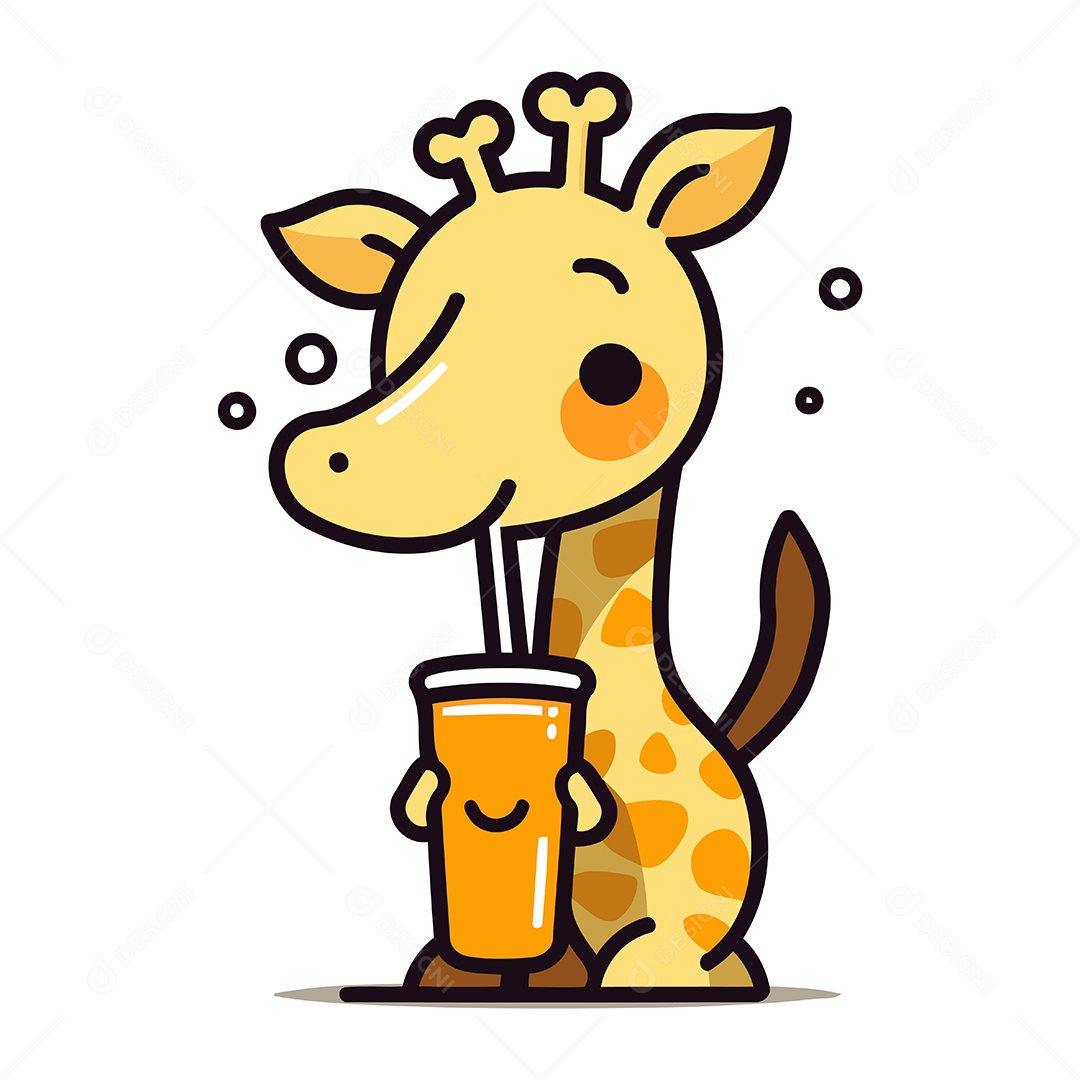 Girafa de Desenho Animado Tomando Café Ilustração Vetor EPS