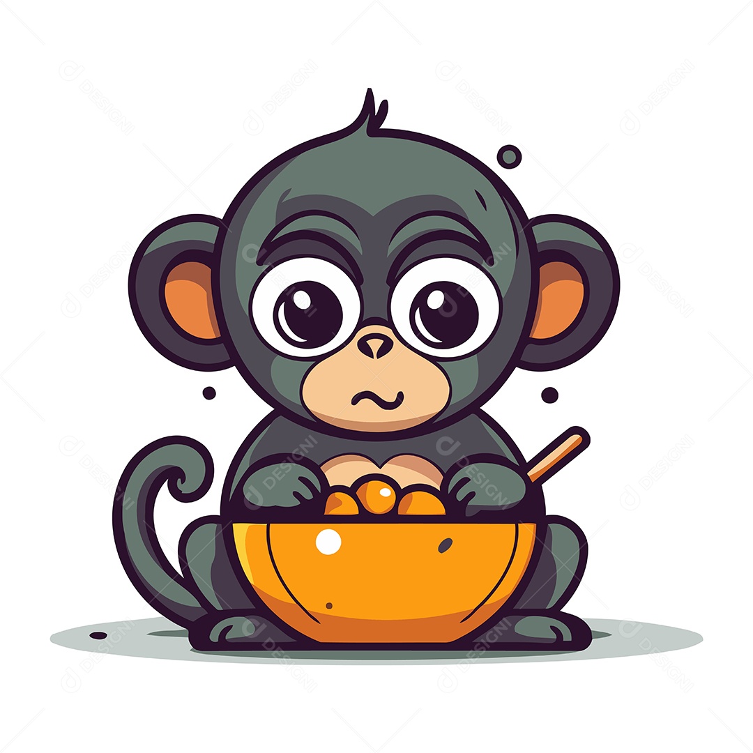 Macaco de Desenho Animado com Uma Tigela Ilustração Vetor EPS
