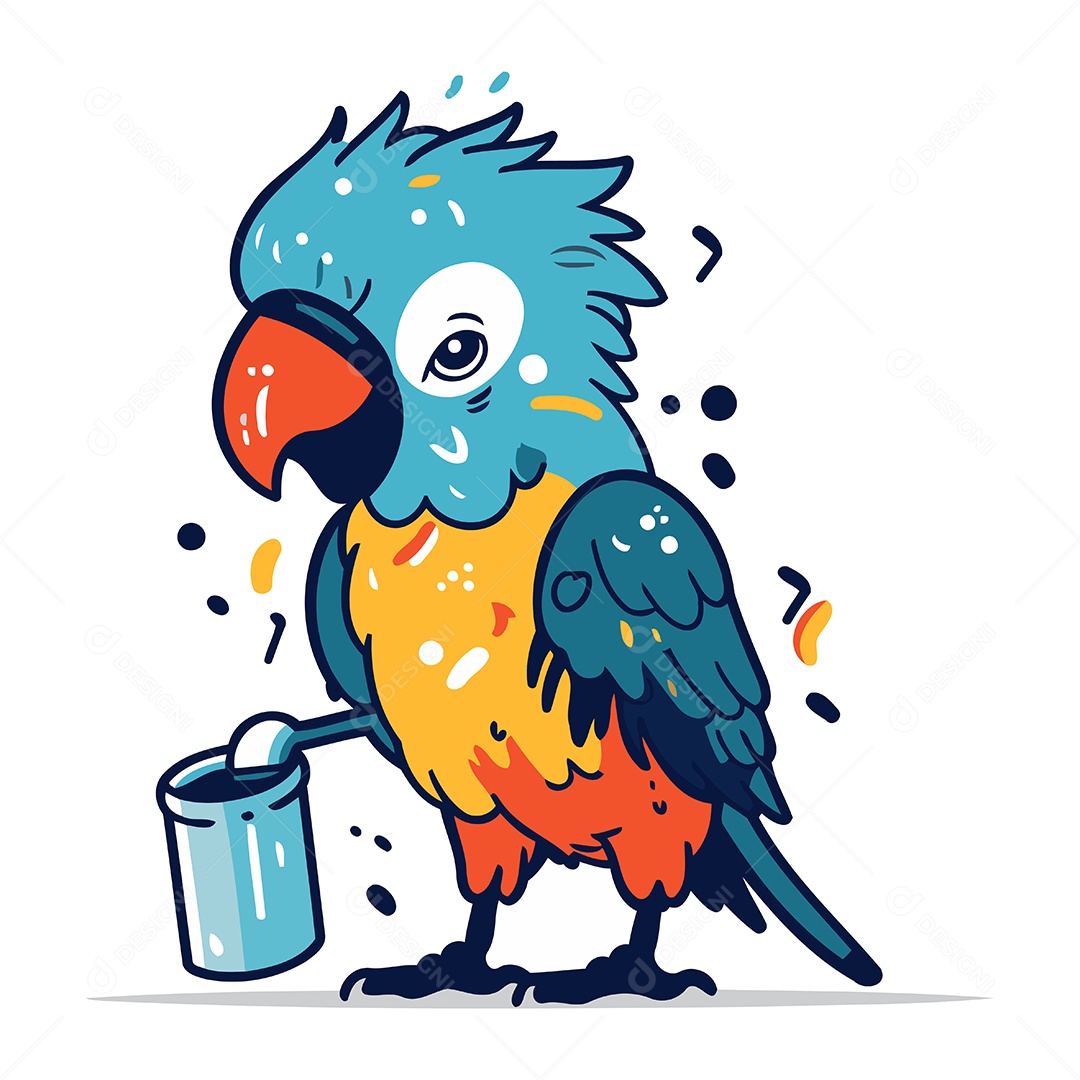 Papagaio Fofo com Um Balde de Água Ilustração Vetor EPS