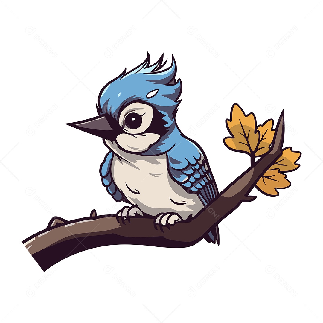 Pássaro Pousado em Um Galho Com Folhas Ilustração Vetor EPS