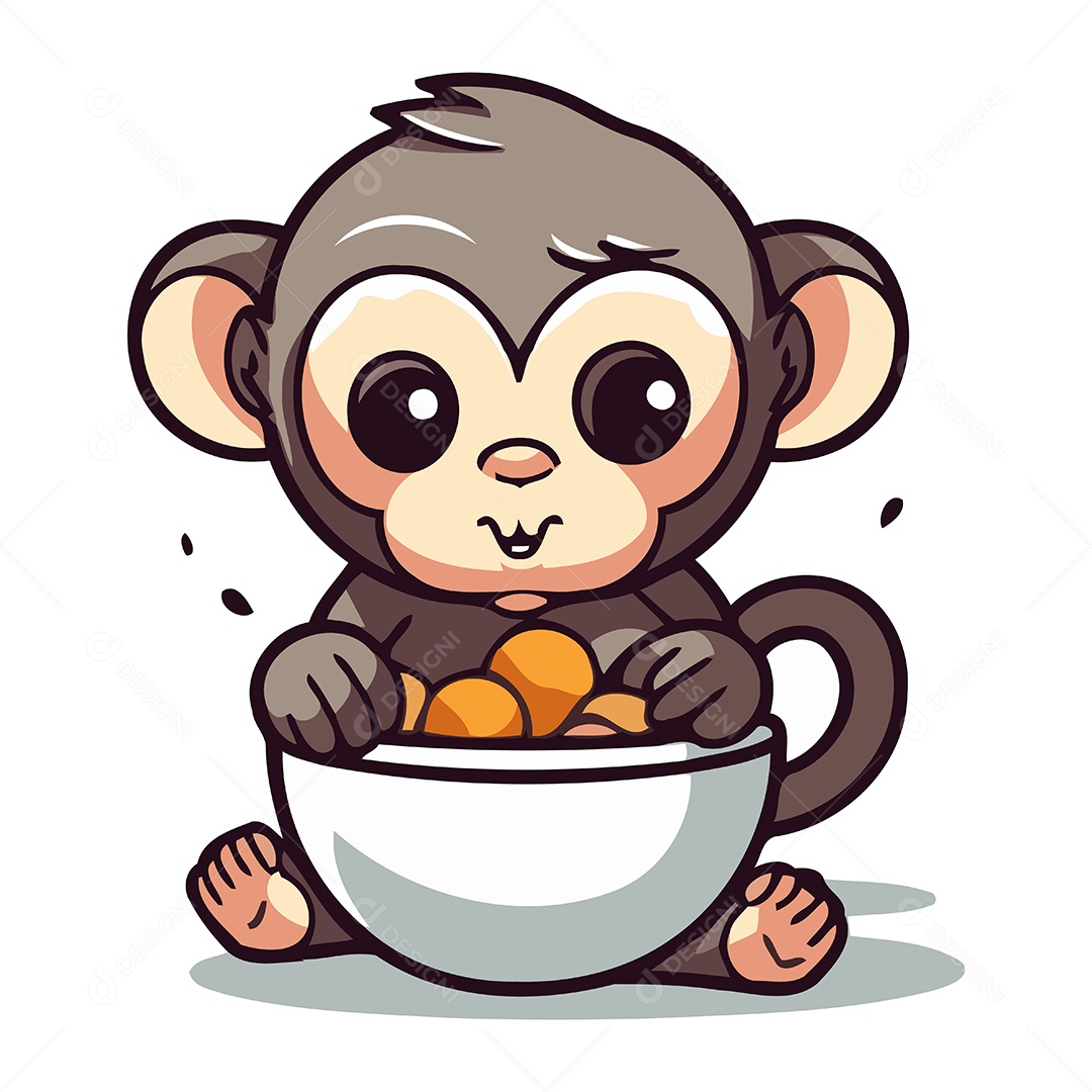 Macaco de Desenho Animado com Uma Tigela Ilustração Vetor EPS