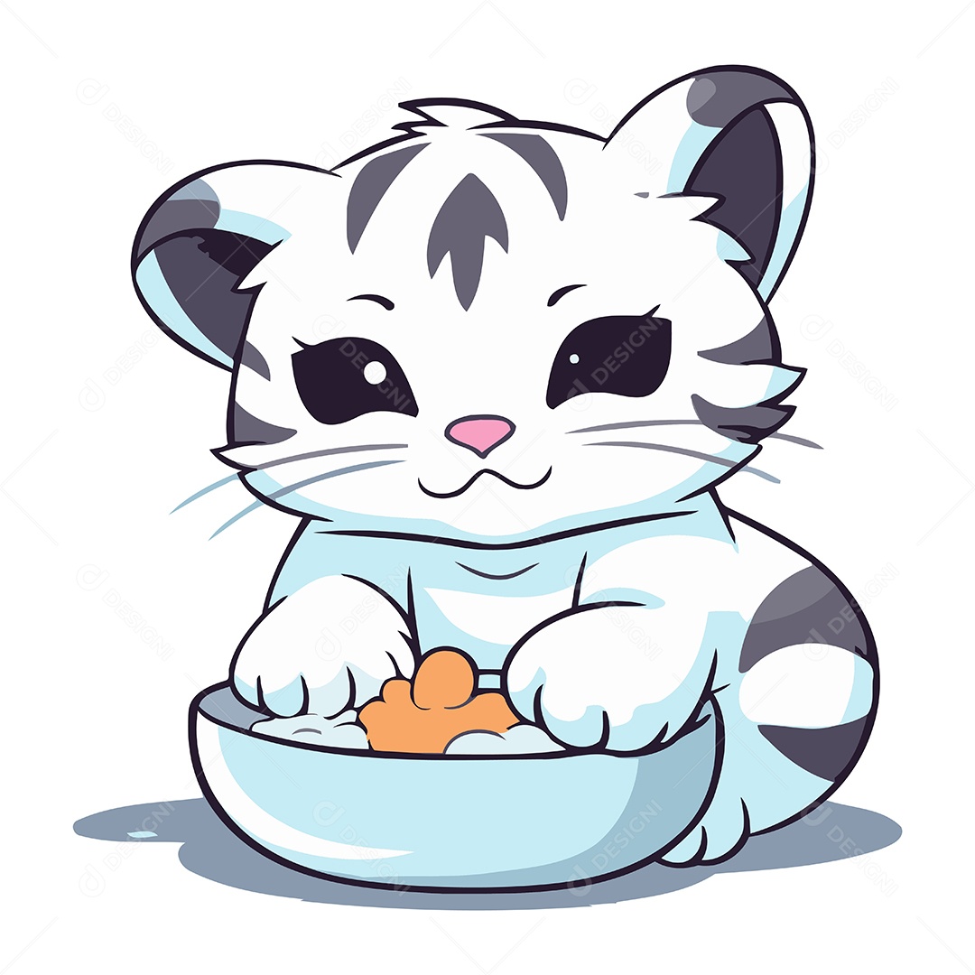 Gatinho Fofo Sentado ao Lado de Uma Tigela de Comida Ilustração Vetor EPS