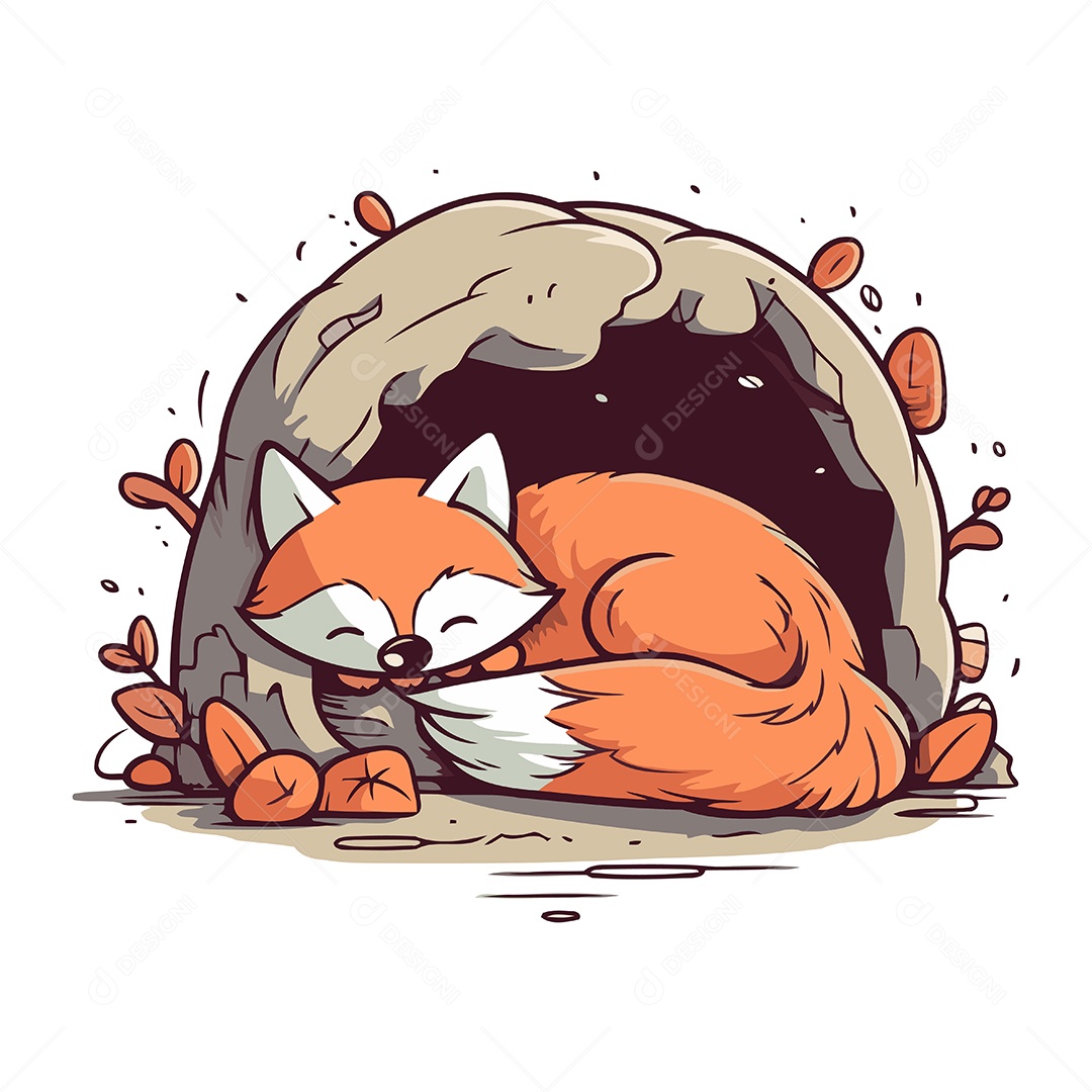 Raposa Fofa Dormindo na Caverna Ilustração Vetor EPS
