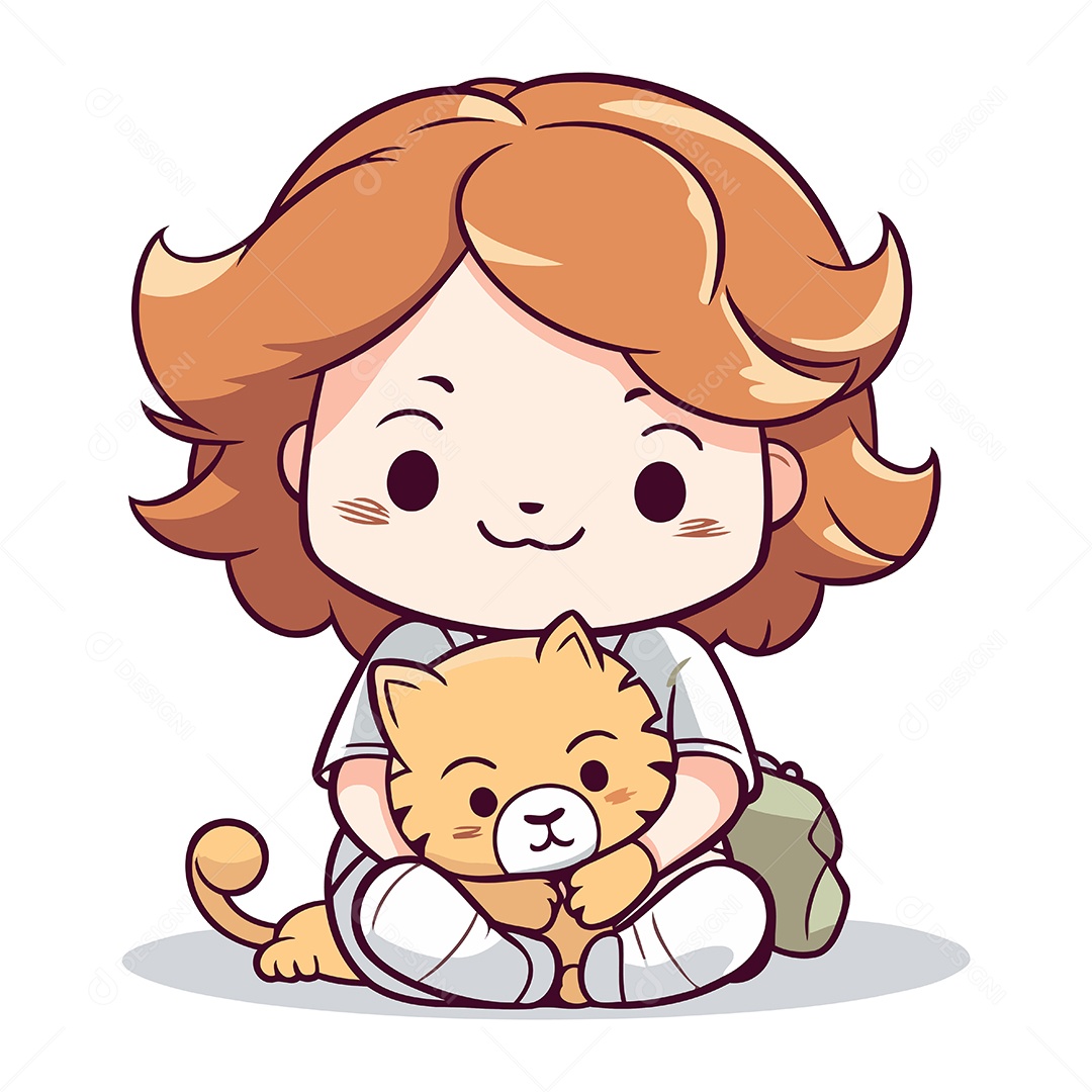 Menina de Desenho Animado com Gato Ilustração Vetor EPS