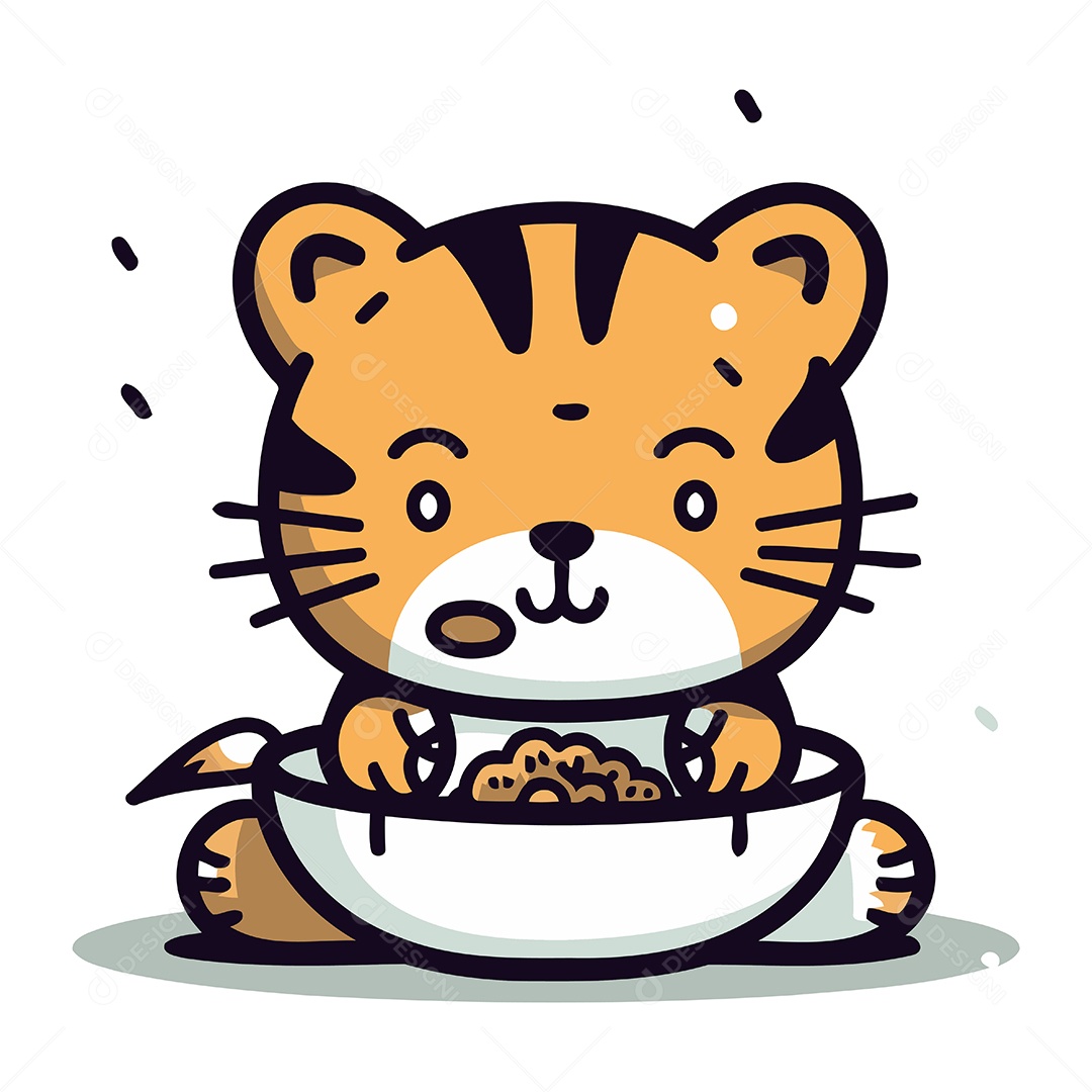 Tigre Fofo com Tigela de Comida Ilustração Vetor EPS