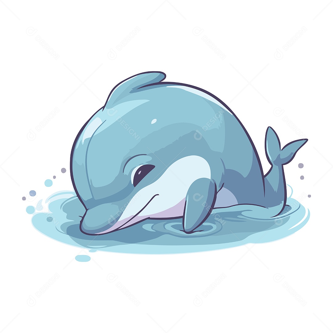 Golfinho Fofo de Desenho Animado na Água Ilustração Vetor EPS