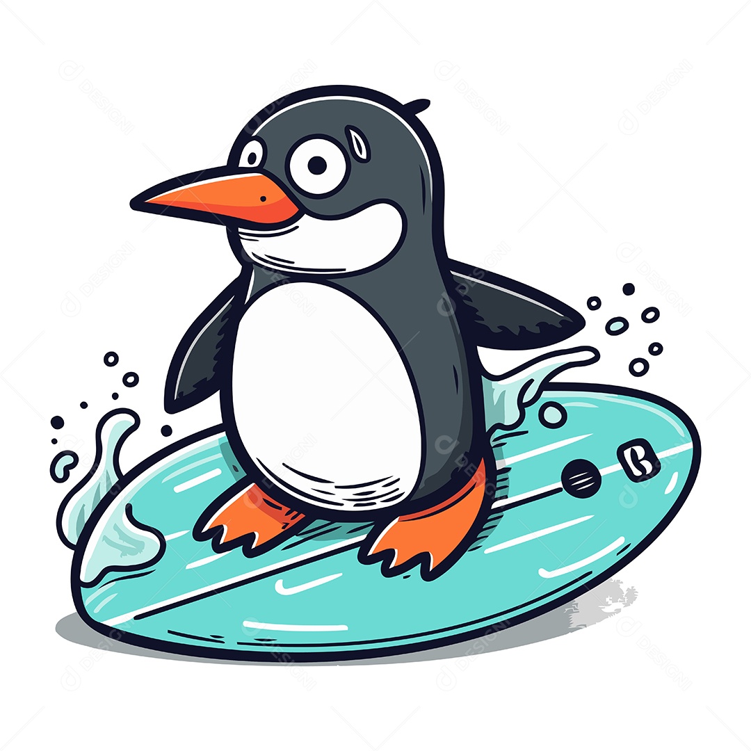 Pinguim em Uma Prancha de Surfe Ilustração Vetor EPS