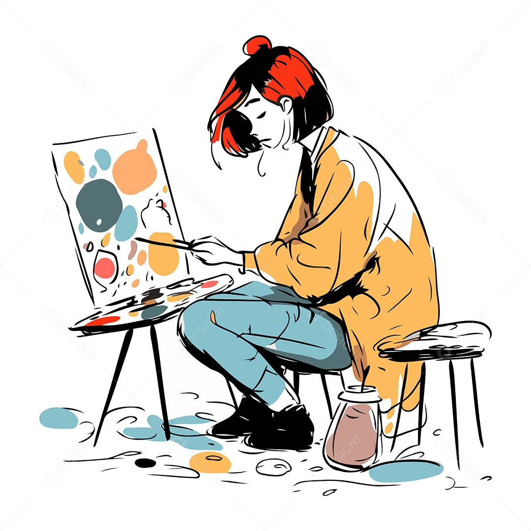 Menina de Casaco Amarelo Pinta um Quadro Ilustração Vetor EPS