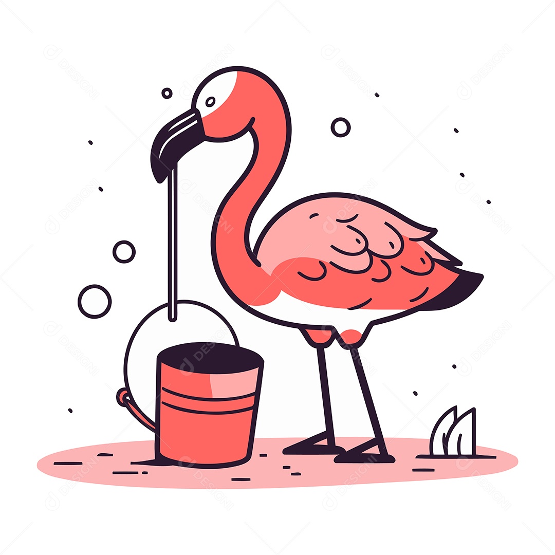 Flamingo e Balde de Desenho Animado Ilustração Vetor EPS