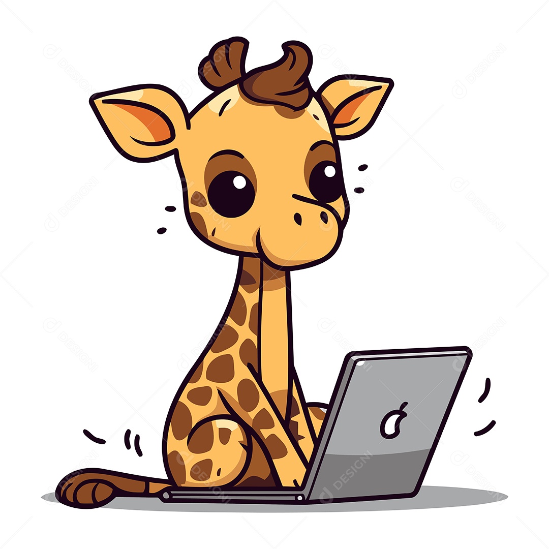 Girafa Fofa Trabalhando em Um Laptop Ilustração Vetor EPS