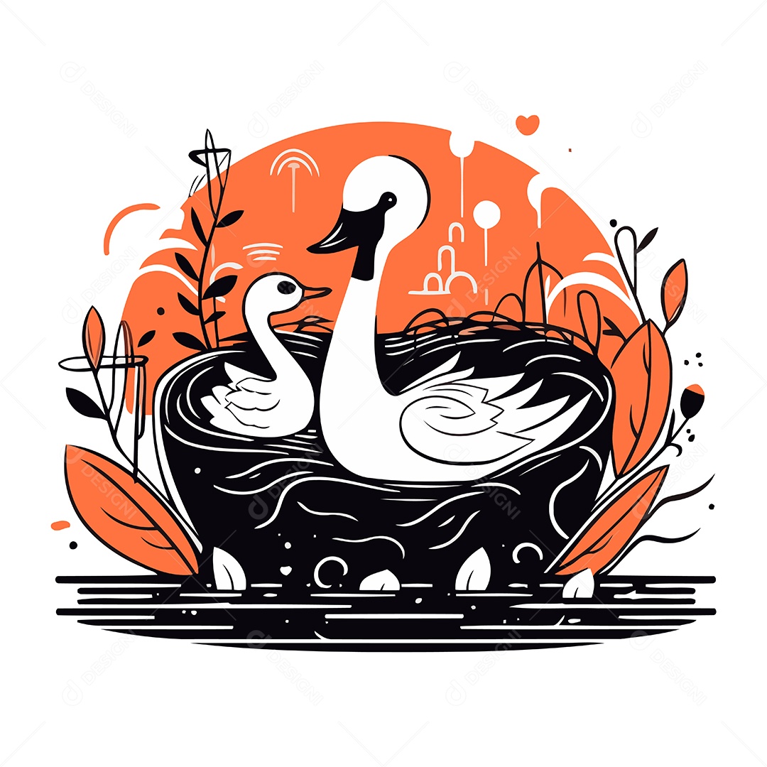 Cisne e Filhote de Desenho Animado Ilustração Vetor EPS