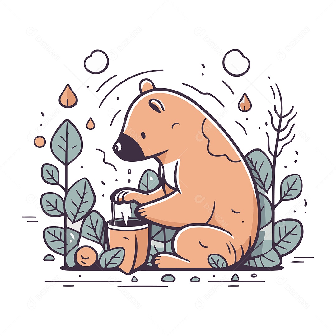 Urso de Desenho Animado com um Regador Ilustração Vetor EPS