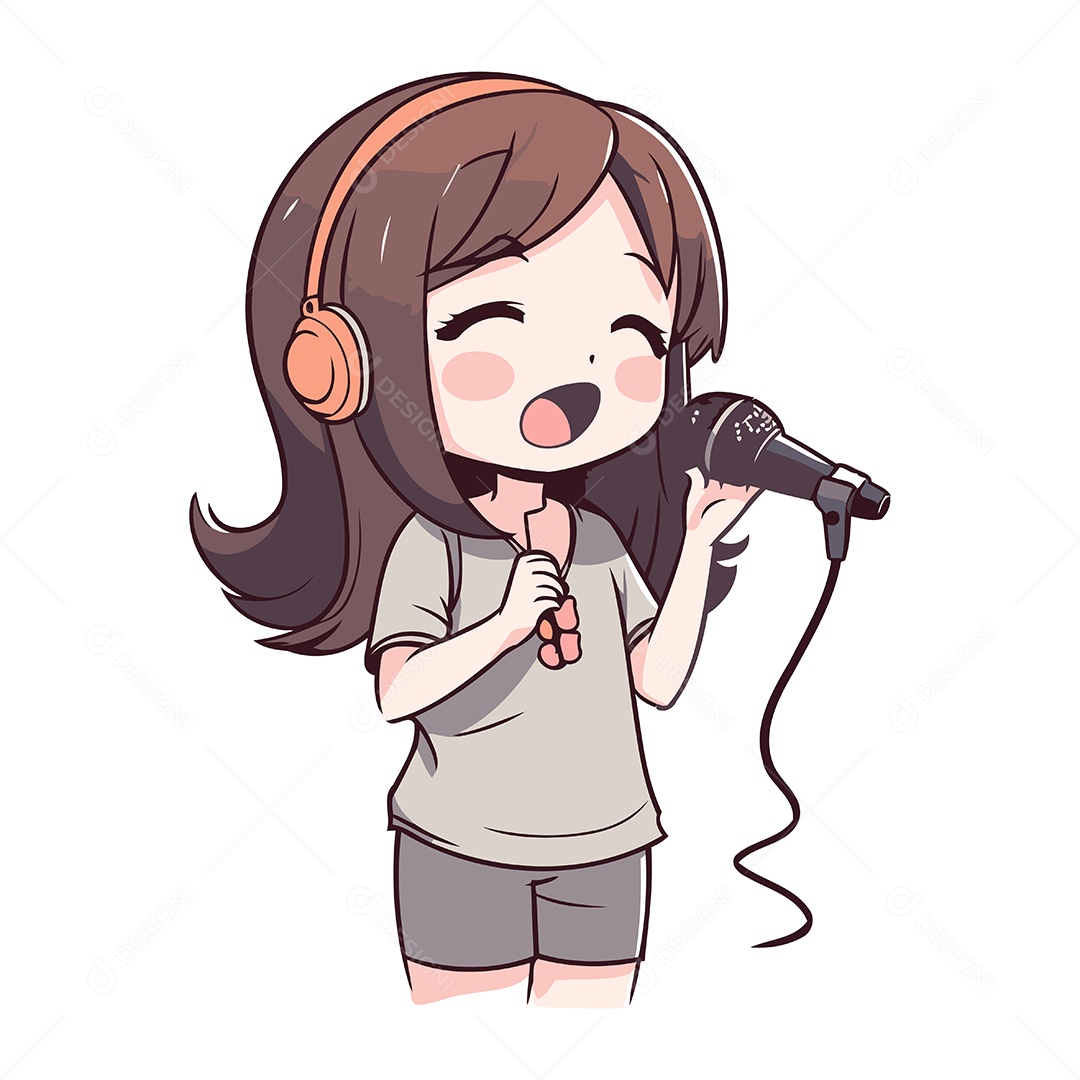 Garota Cantando Karaokê com Fones de Ouvido Ilustração Vetor EPS