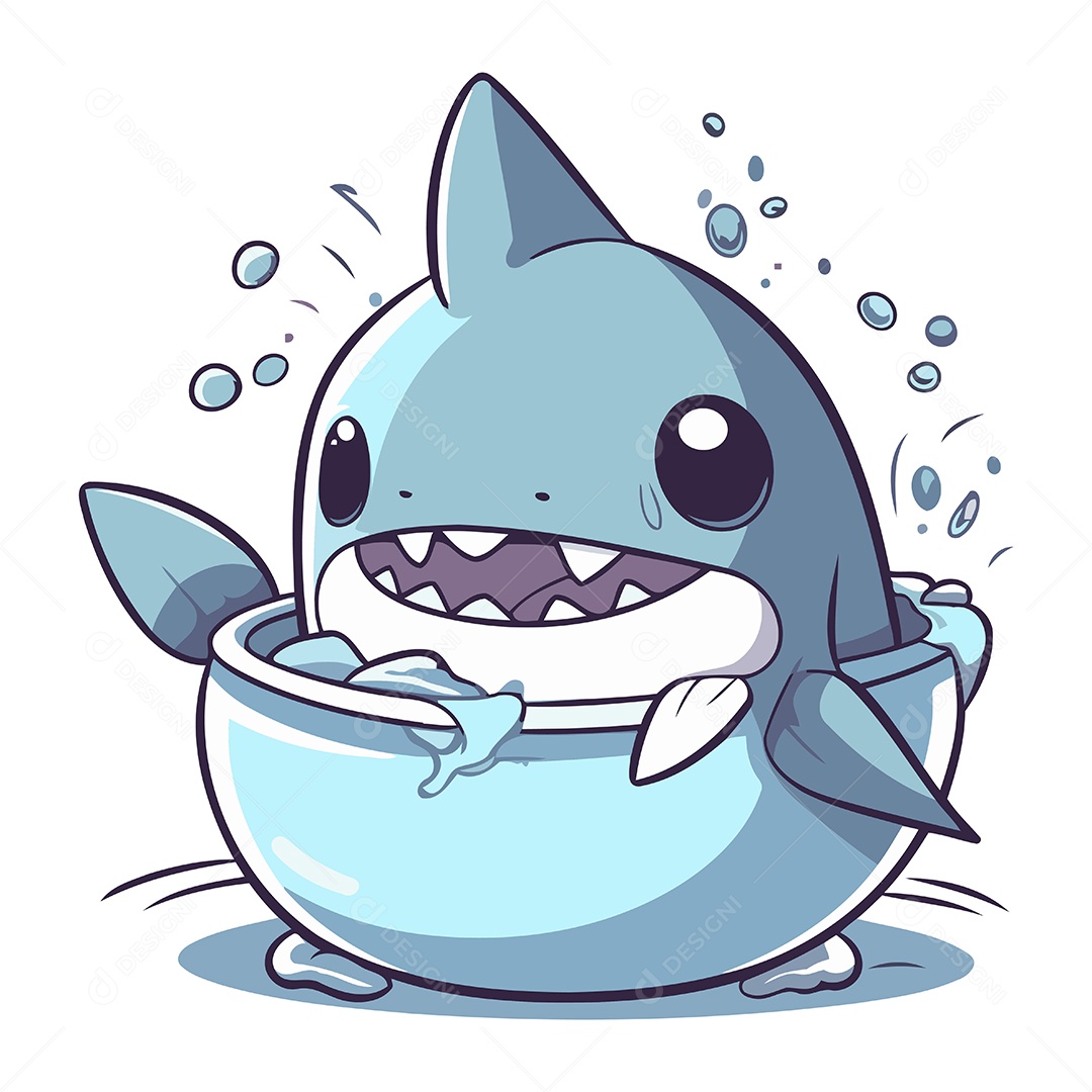 Tubarão de Desenho Animado com Uma Tigela Ilustração Vetor EPS