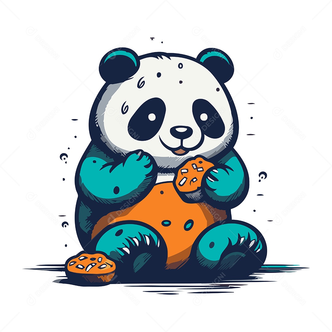 Panda Fofo de Desenho Animado Comendo Biscoitos Ilustração Vetor EPS