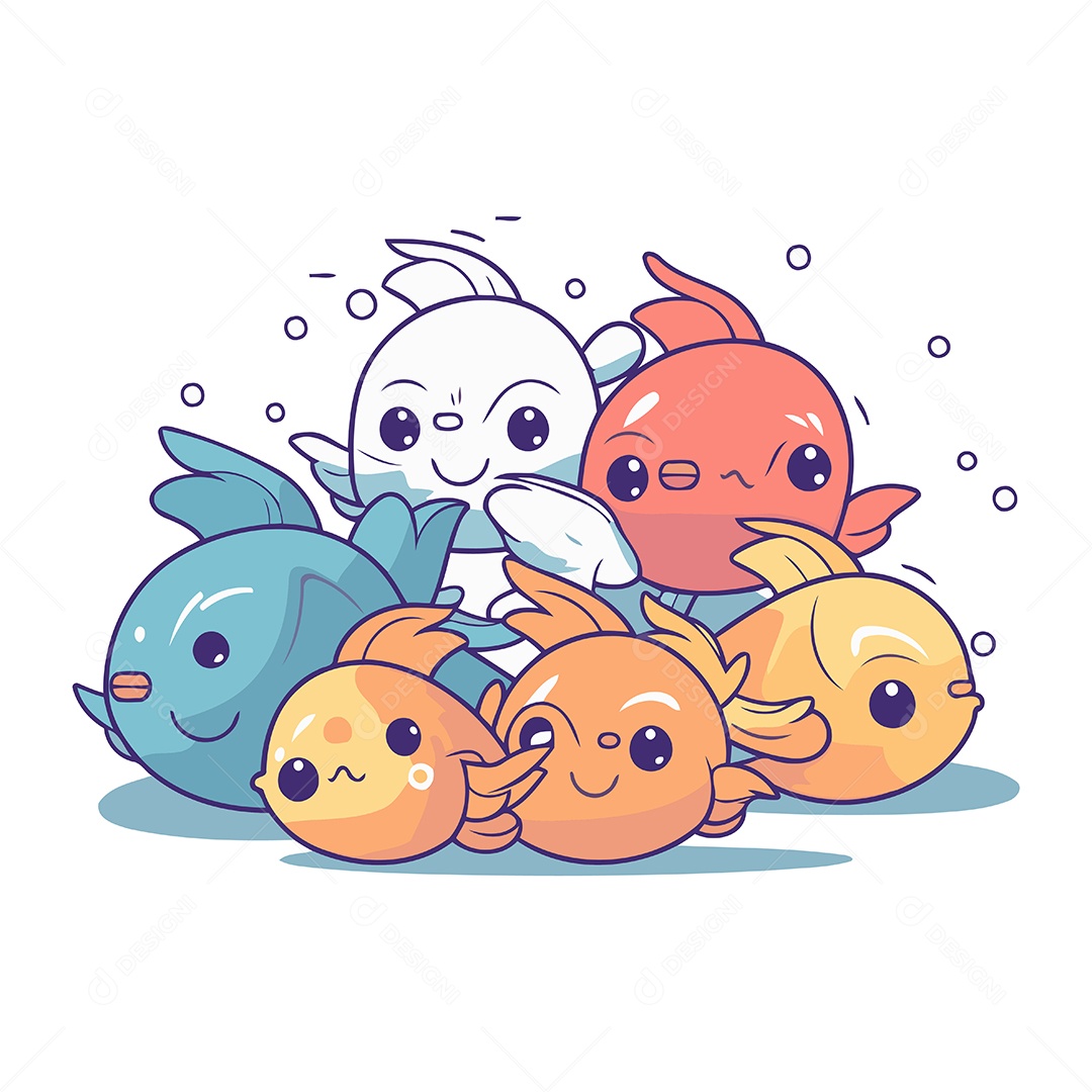 Grupo de Peixes Desenho Animado Ilustração Vetor EPS