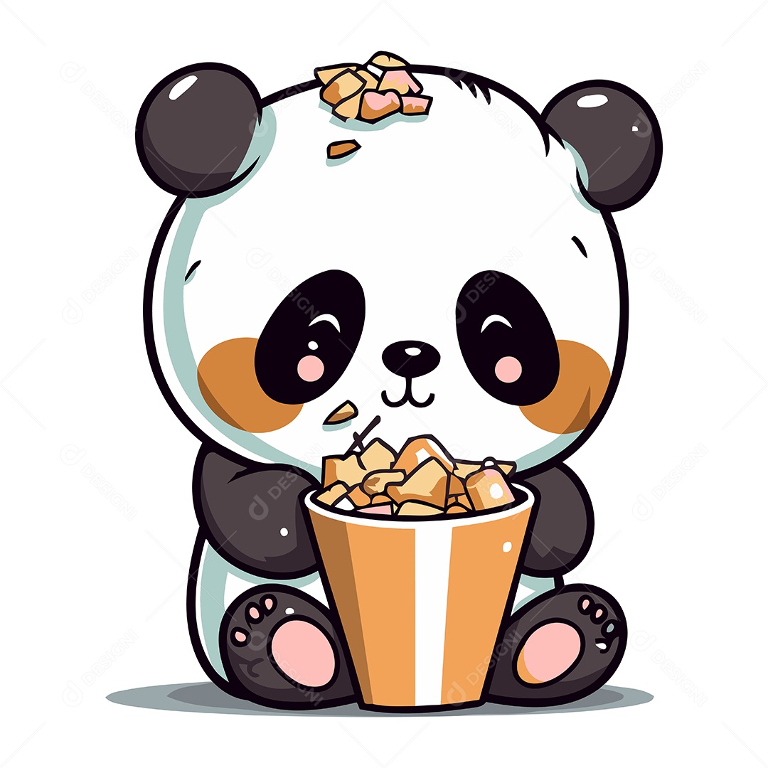 Panda Fofo de Desenho Animado Comendo Pipoca Ilustração Vetor EPS