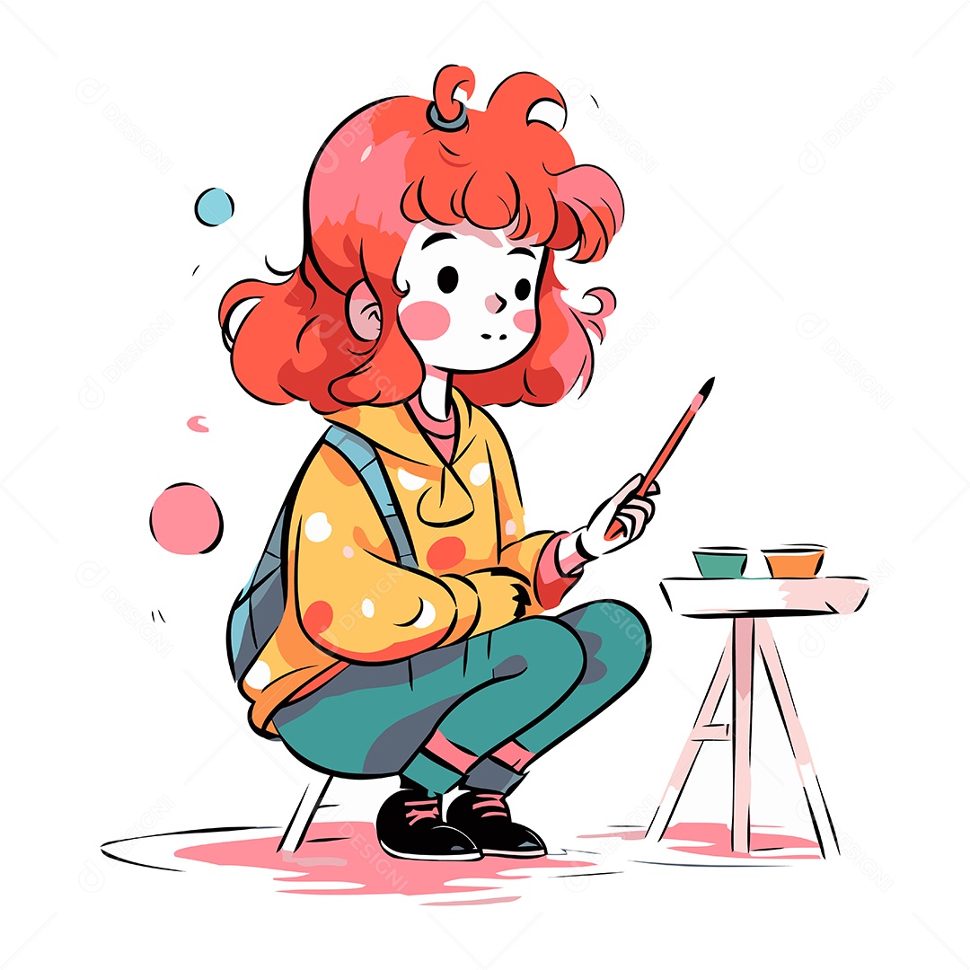 Menina Fofa Pintando com Pincel e Tintas Ilustração Vetor EPS