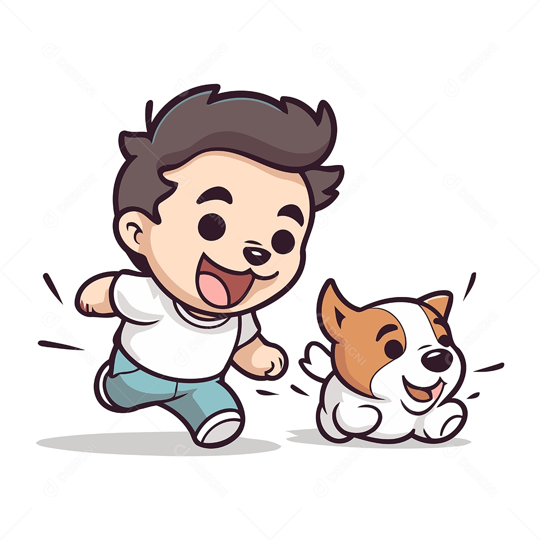 Menino Fofo Correndo com Seu Cachorro Ilustração Vetor EPS