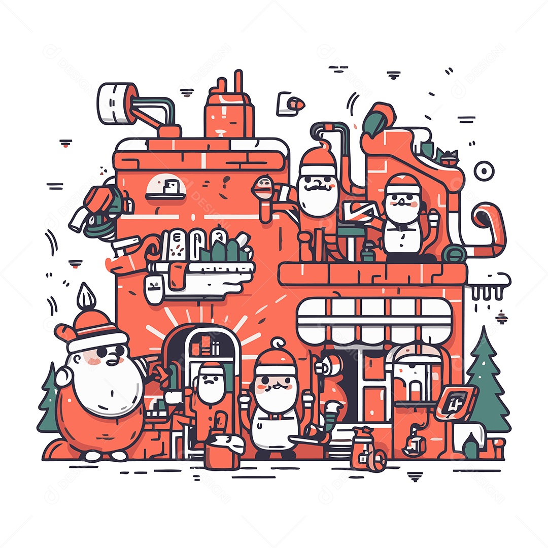 Vários Papai Noel em Uma Decoração de Natal Desenho Animado Ilustração Vetor EPS