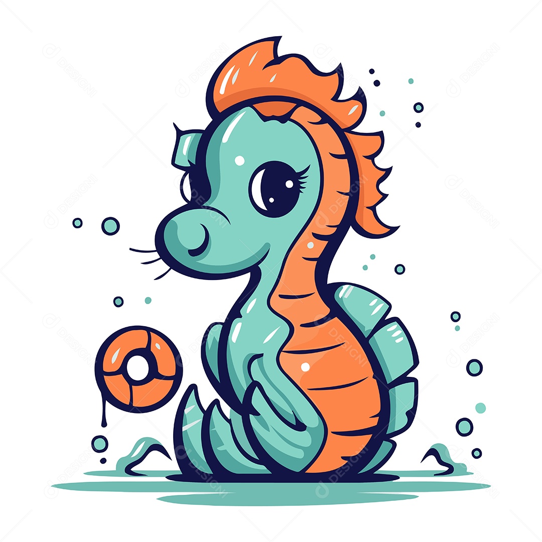 Cavalo Marinho Fofo de Desenho Animado Ilustração Vetor EPS