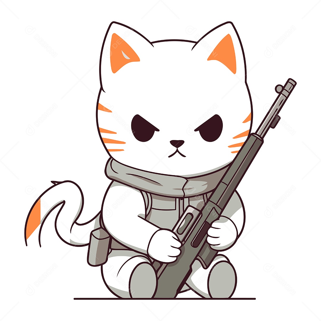 Gato Fofo de Desenho Animado com Um Rifle Ilustração Vetor EPS