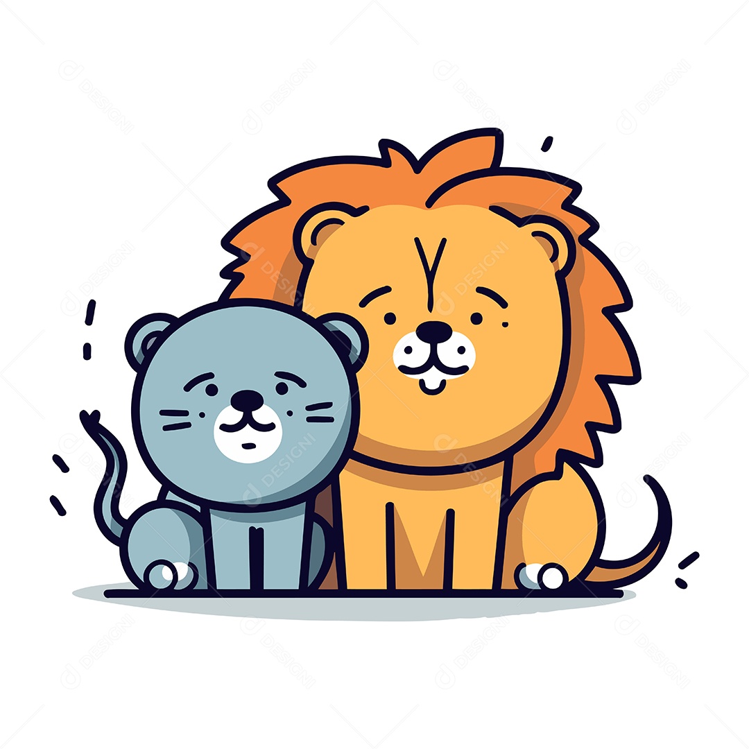 Leão e Gato de Desenho Animado Ilustração Vetor EPS