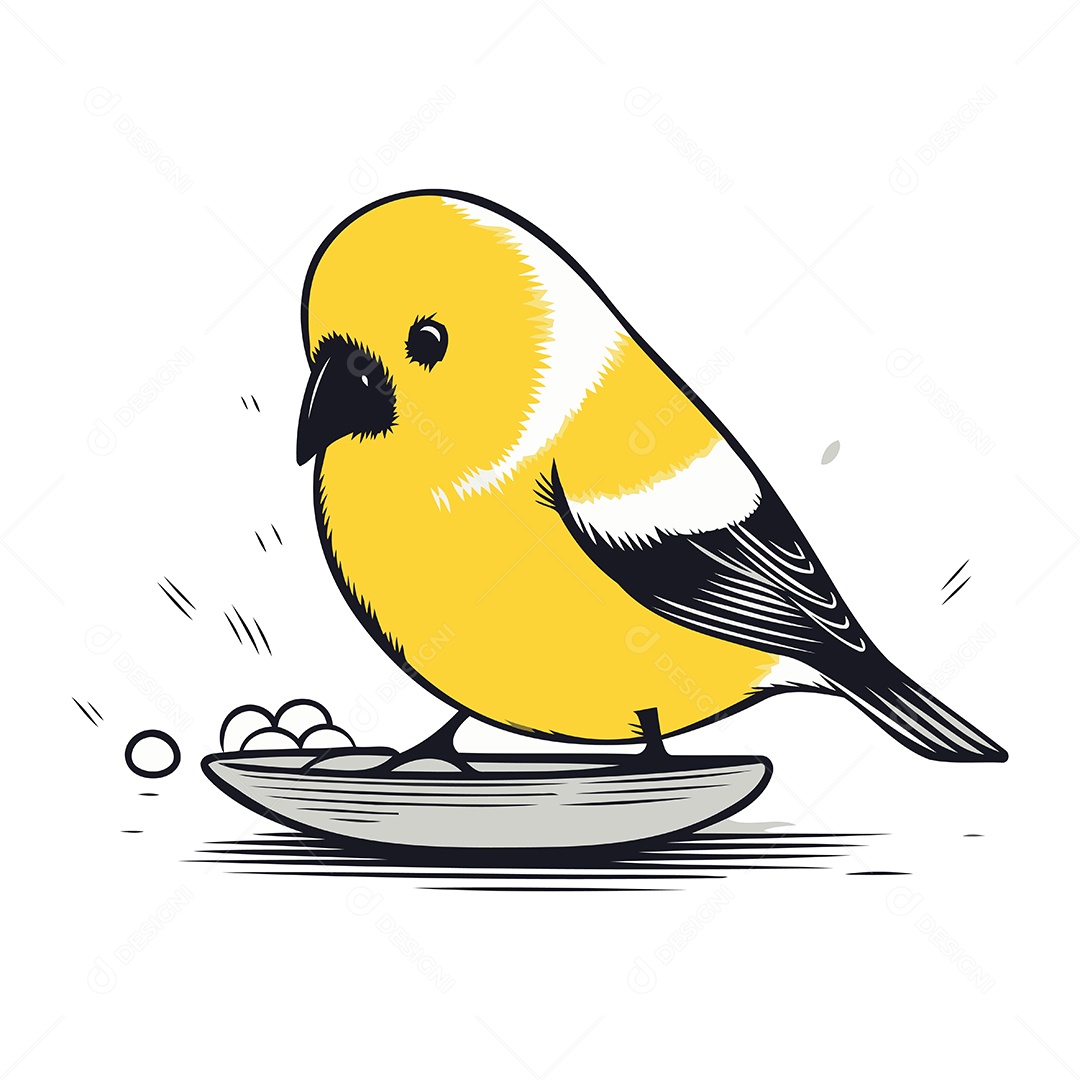 Passarinho Amarelo Fofo Pousado em Um Prato Ilustração Vetor EPS