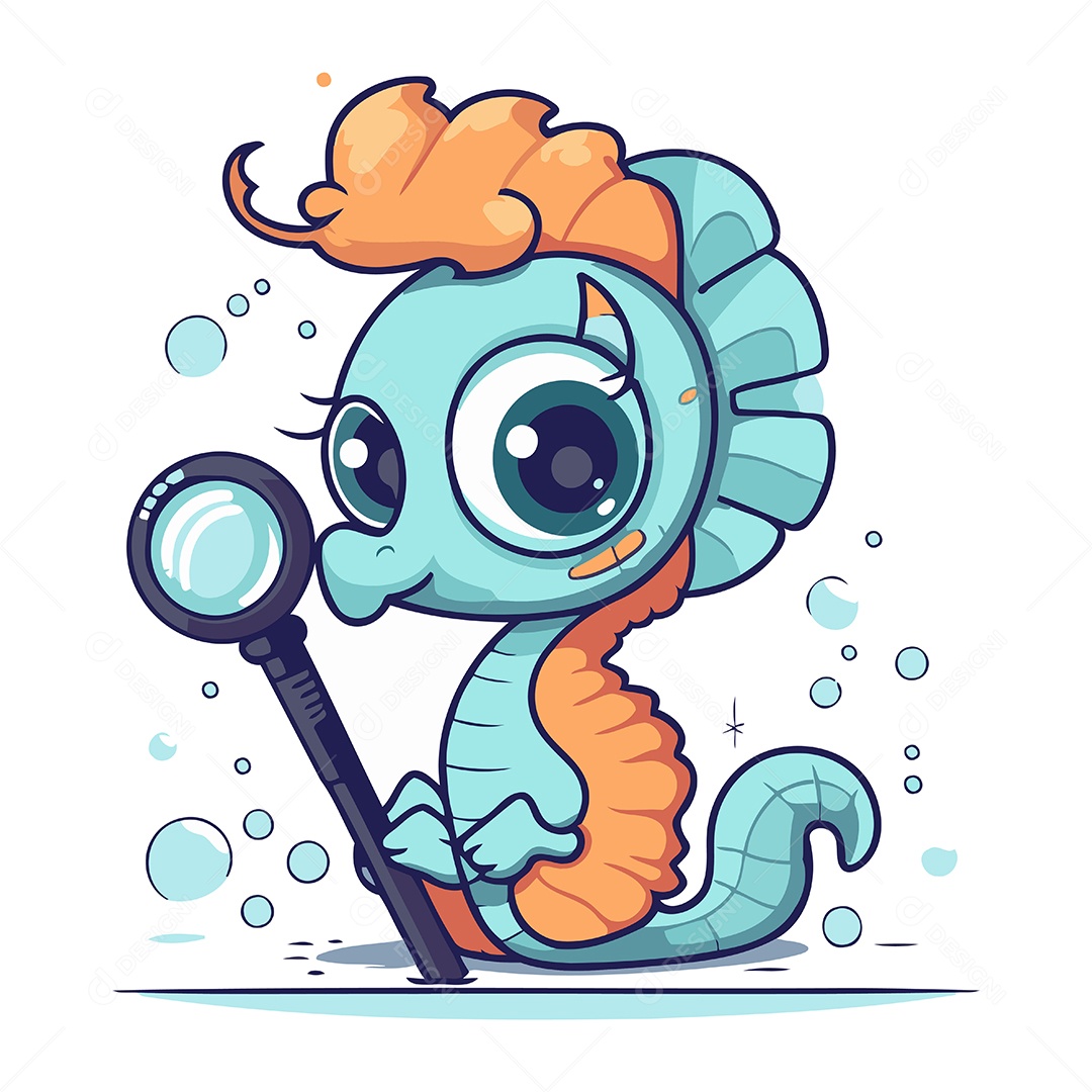 Cavalo Marinho de Desenho Animado com Lupa Ilustração Vetor EPS