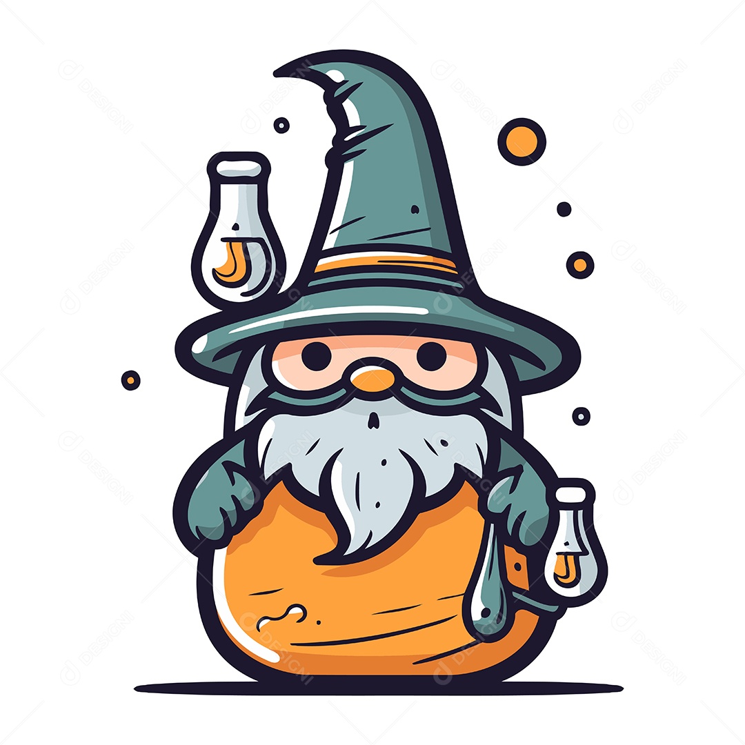 Mago de Desenho Animado com Poção Mágica Ilustração Vetor EPS