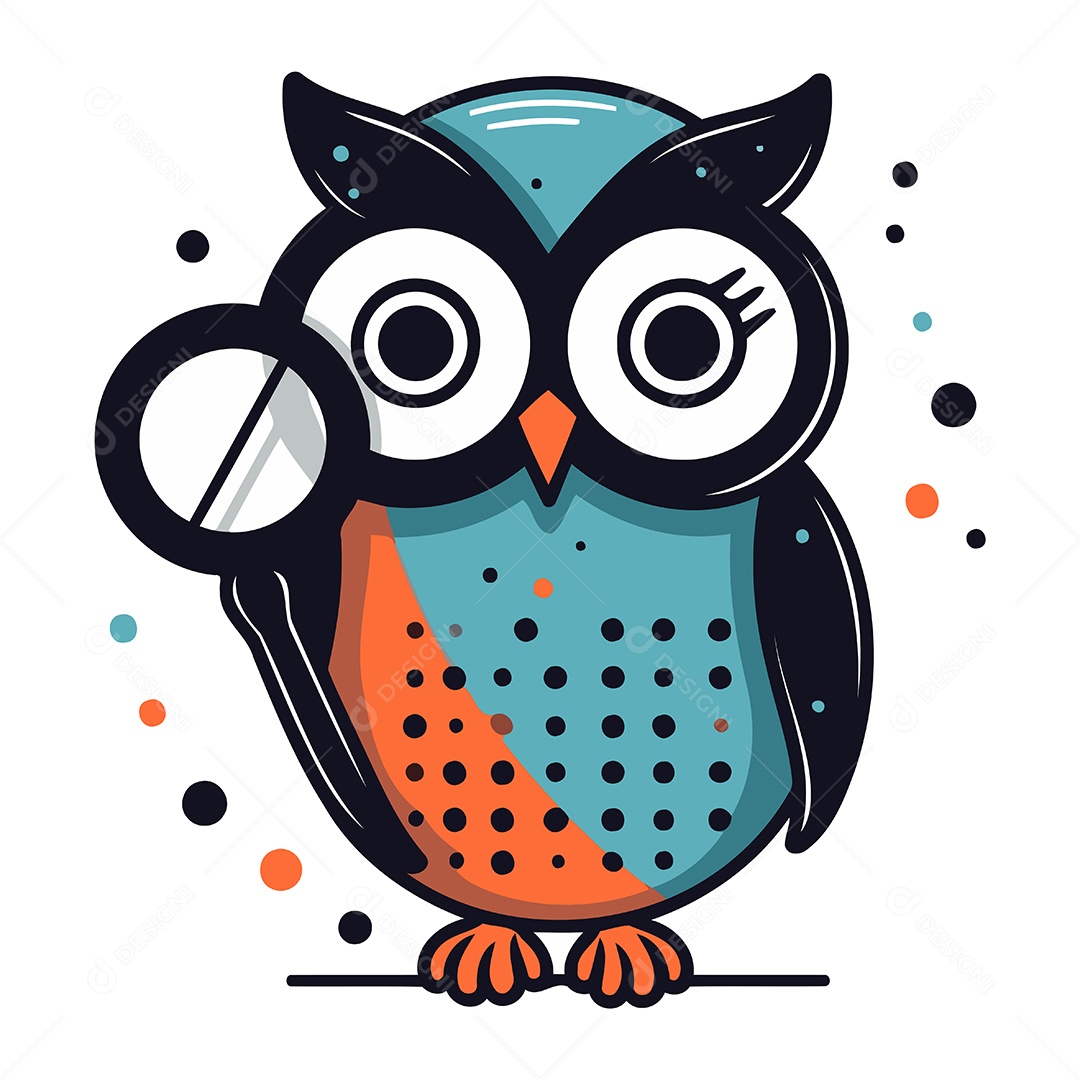 Coruja de Desenho Animado com Lupa Ilustração Vetor EPS