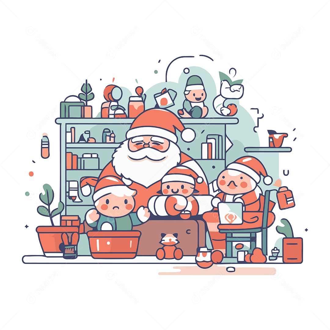 Papai Noel e Crianças em Casa Ilustração Vetor EPS