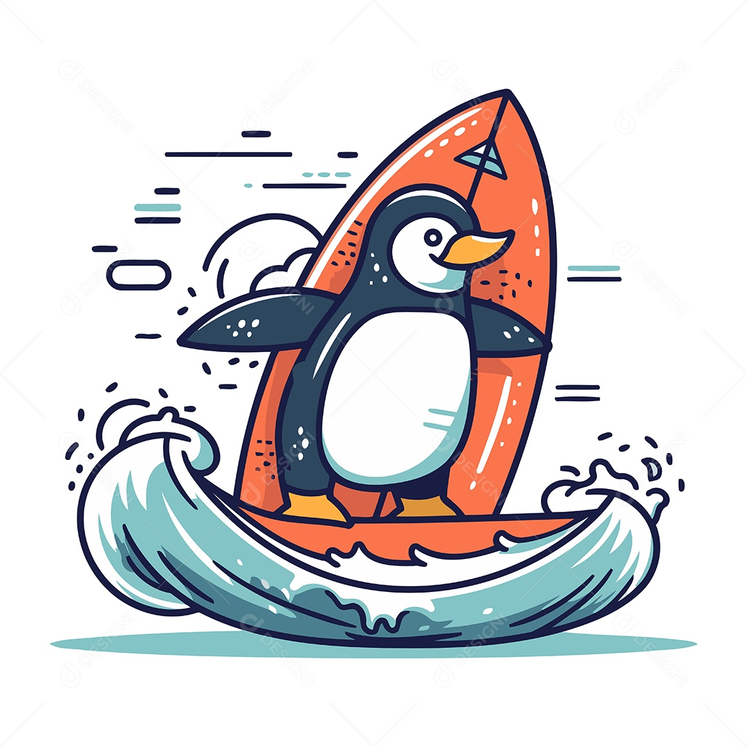 Pinguim com Prancha de Surfe Ilustração Vetor EPS