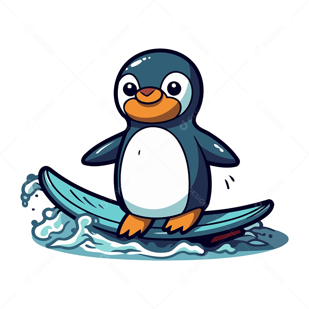 Pinguim Fofo em Uma Prancha de Surfe Ilustração Vetor EPS