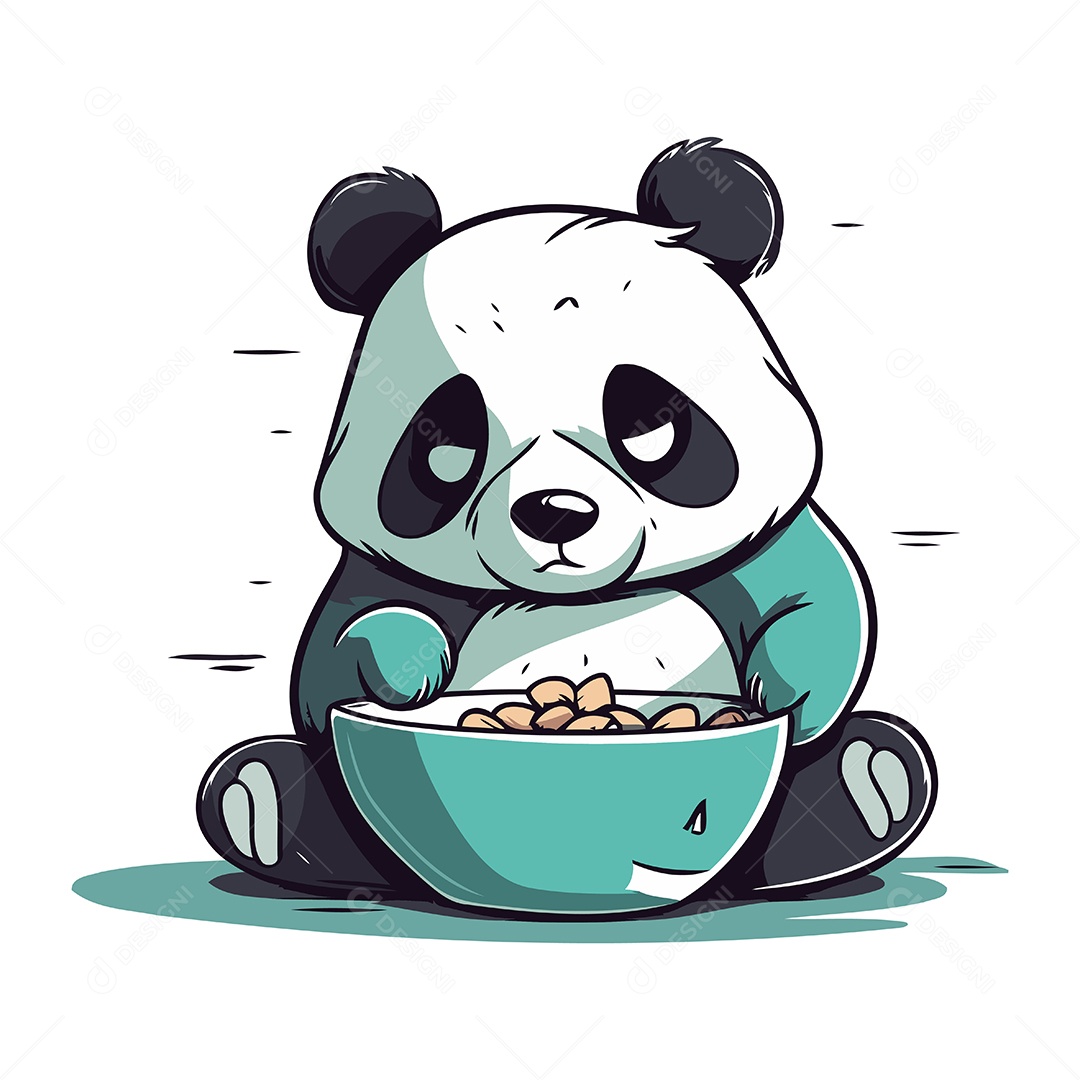 Panda Fofo Comendo uma Tigela de Comida Ilustração Vetor EPS