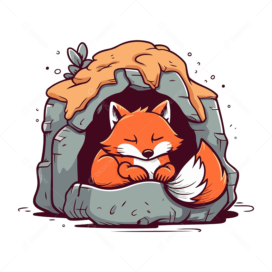 Raposa Fofa Dormindo na Caverna Ilustração Vetor EPS