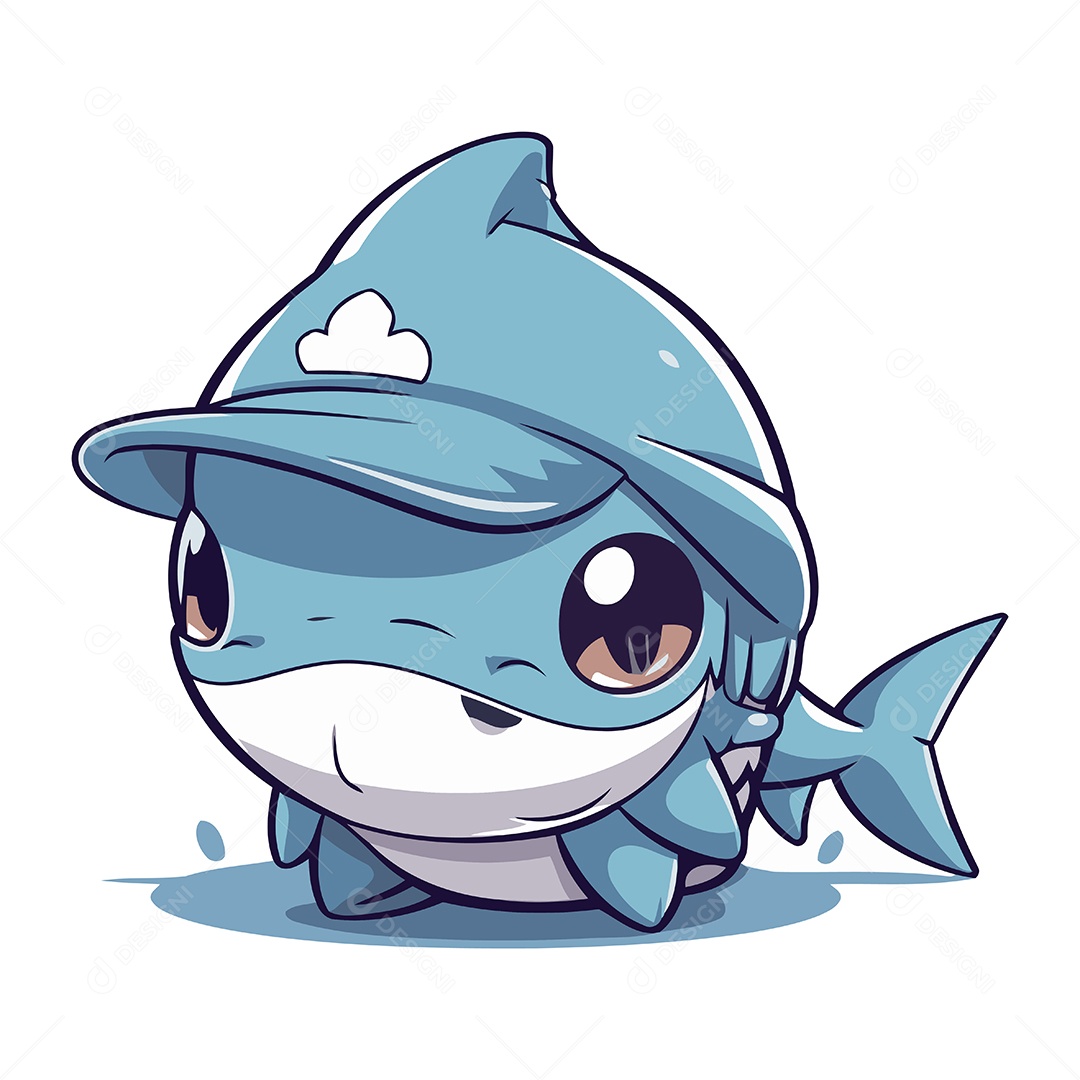 Tubarão Fofo de Desenho Animado Usando um Boné Ilustração Vetor EPS