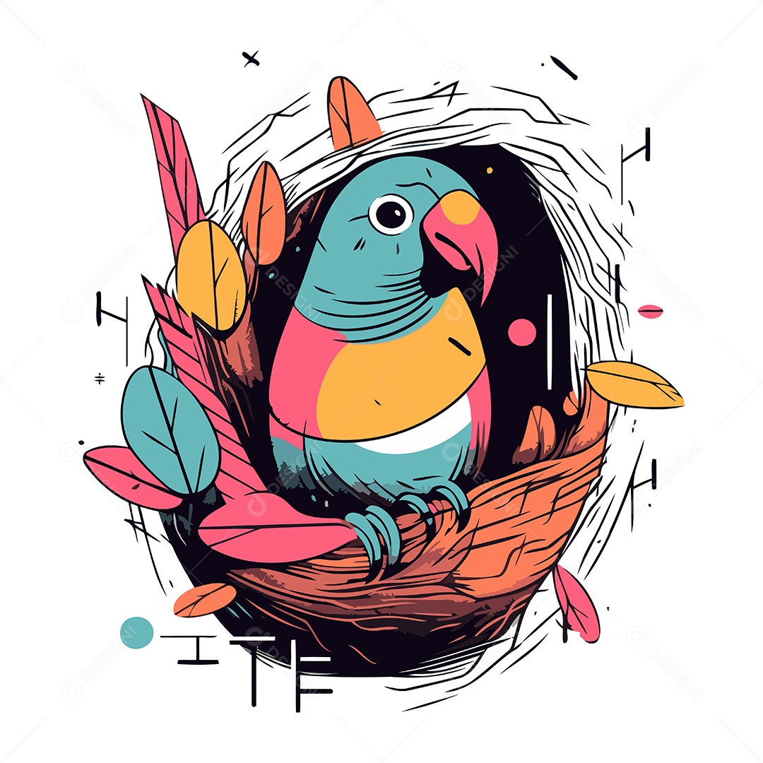 Papagaio Fofo de Desenho Animado no Ninho Ilustração Vetor EPS