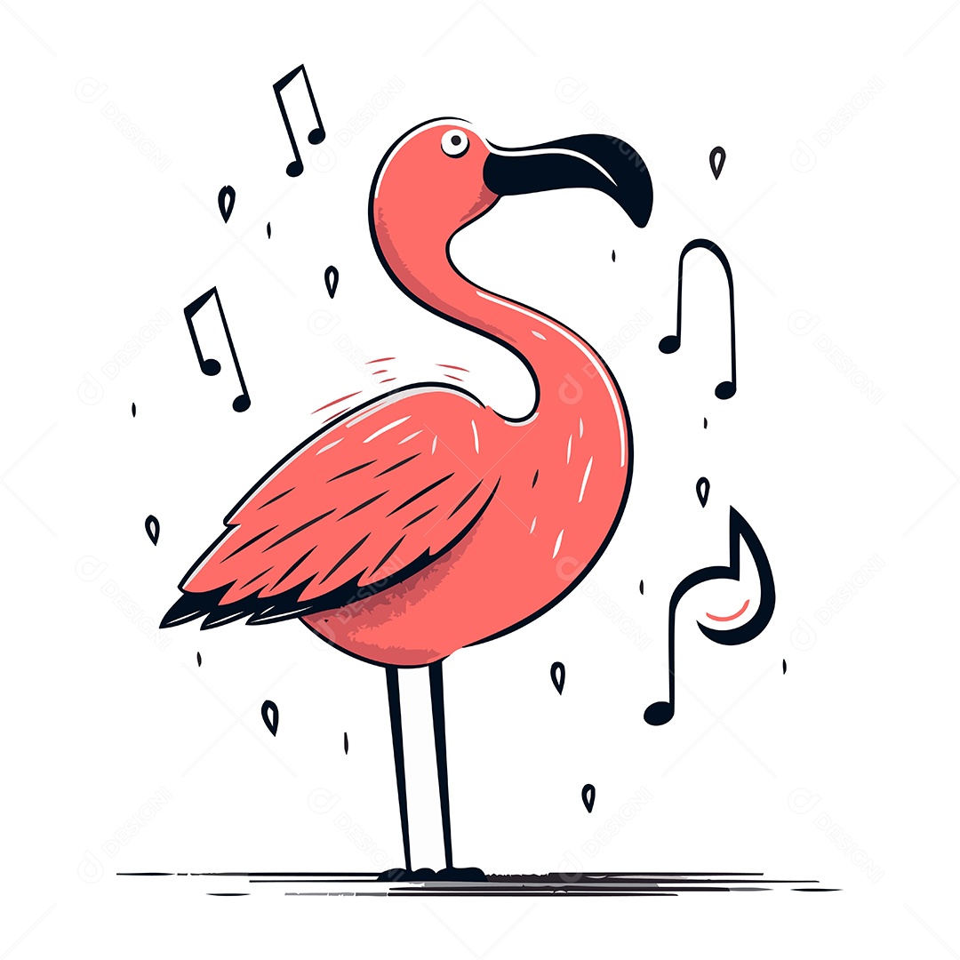 Flamingo de Desenho Animado com Notas Musicais Ilustração Vetor EPS