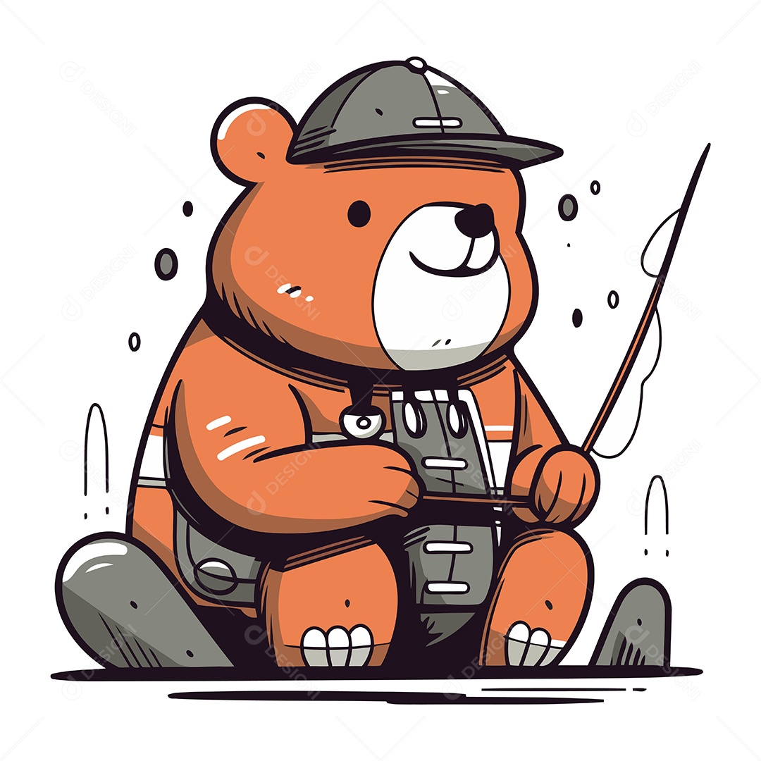 Urso de Desenho Animado com Uma Vara de Pescar Ilustração Vetor EPS