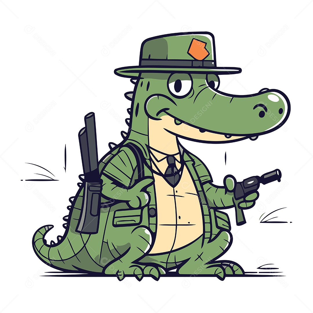 Crocodilo Gangster de Desenho Animado com Uma Arma Ilustração Vetor EPS