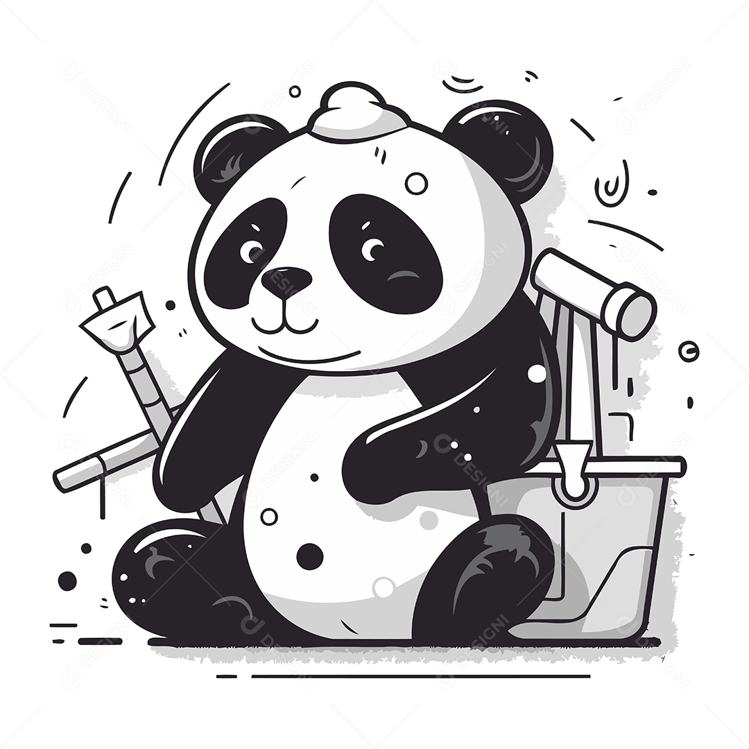 Panda de Desenho Animado com Balde Ilustração Vetor EPS