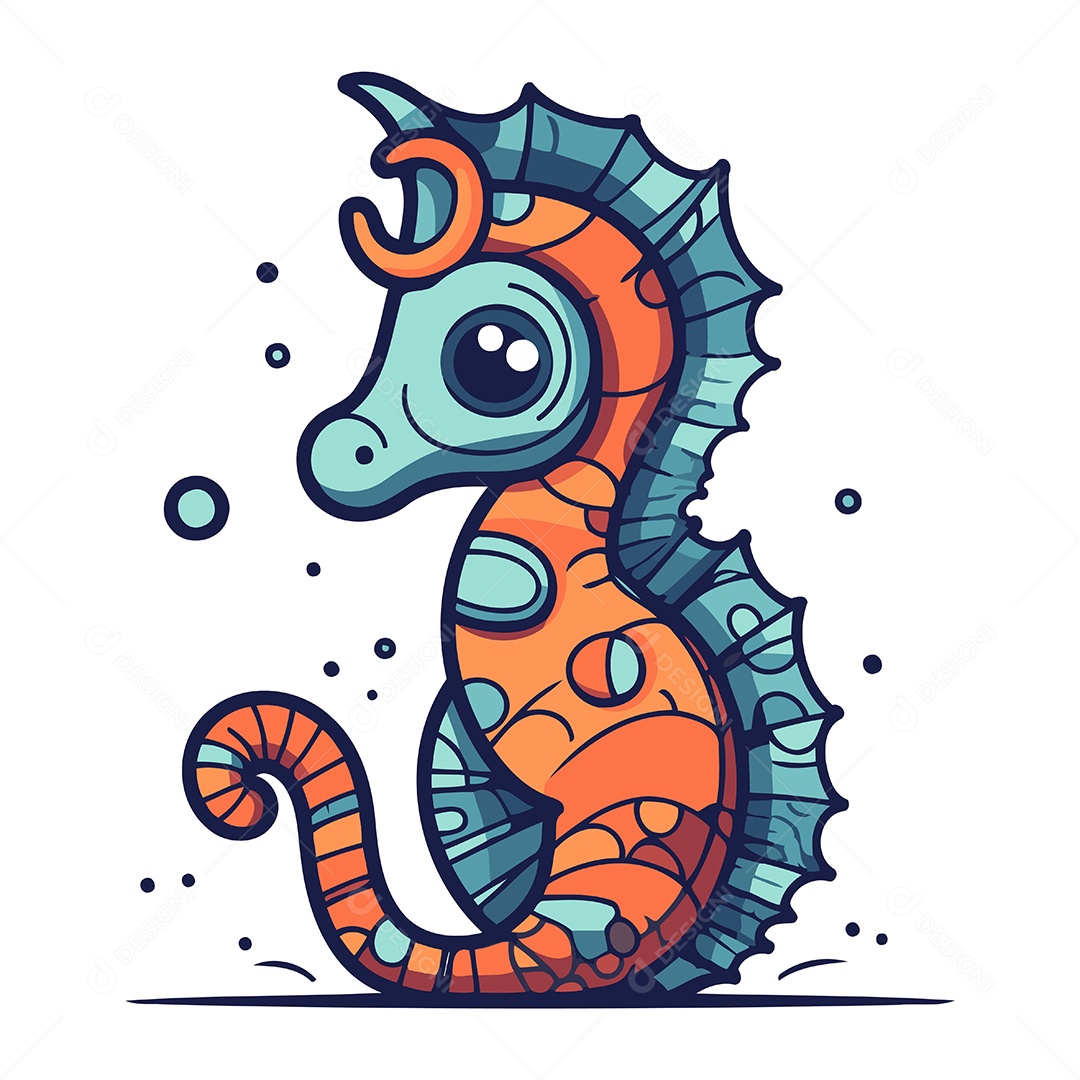 Cavalo Marinho Fofo de Desenho Animado Ilustração Vetor EPS
