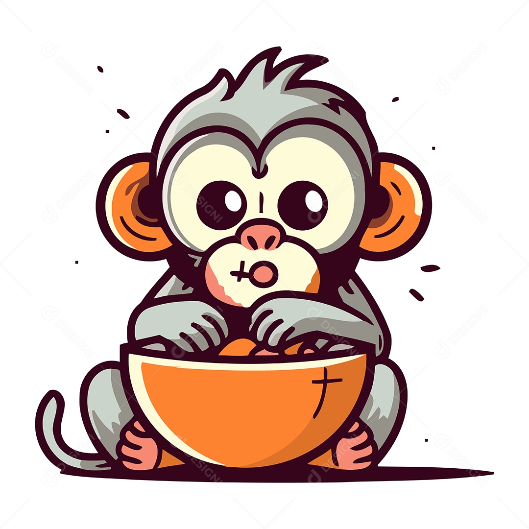 Macaco Fofo com Uma Tigela Ilustração Vetor EPS