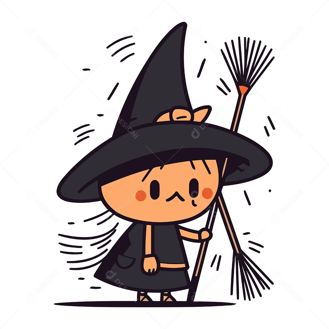 Menina Fantasiada de Bruxa com Uma Vassoura Ilustração Vetor EPS