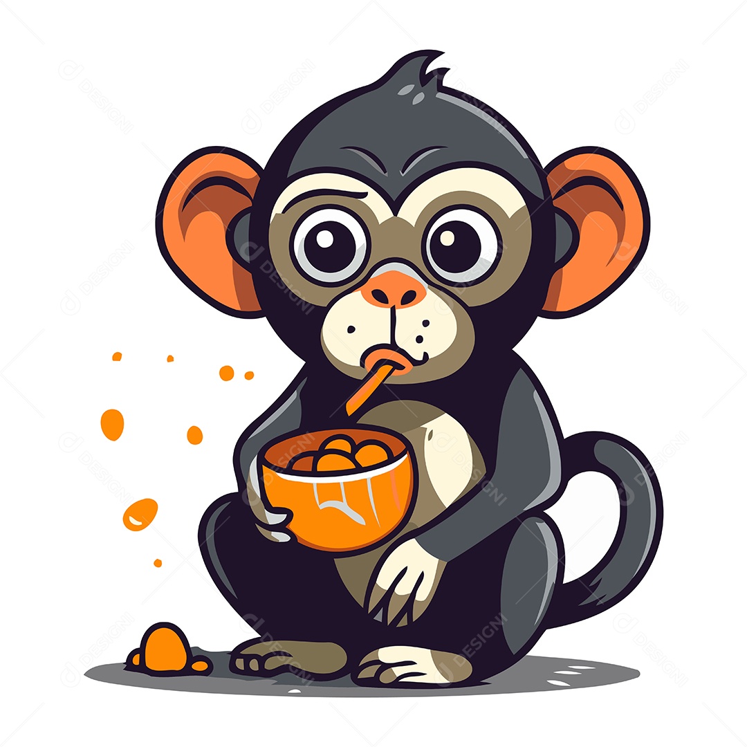 Macaco Fofo com Uma Tigela de Comida Ilustração Vetor EPS