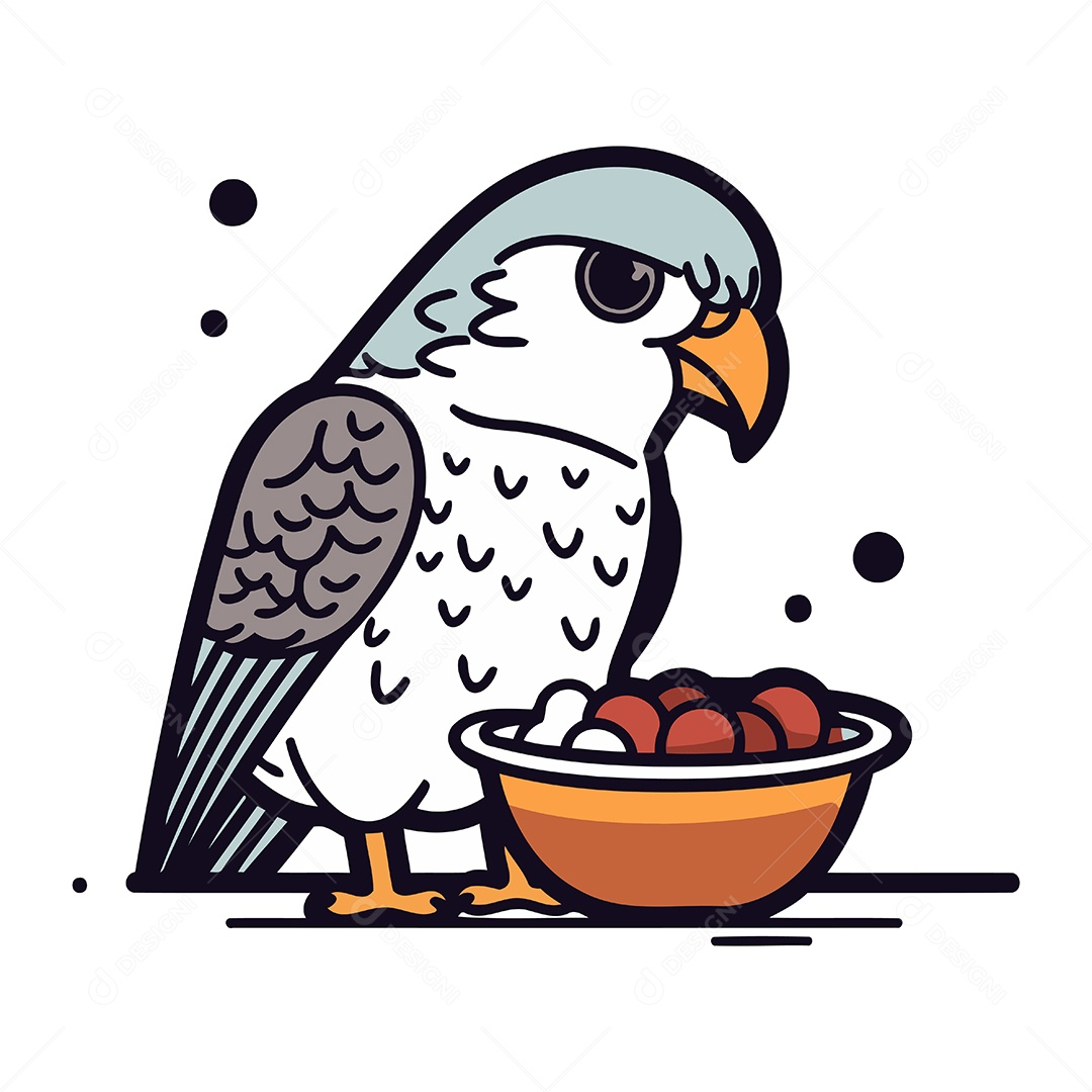 Pássaro de Desenho Animado com Uma Tigela Ilustração Vetor EPS